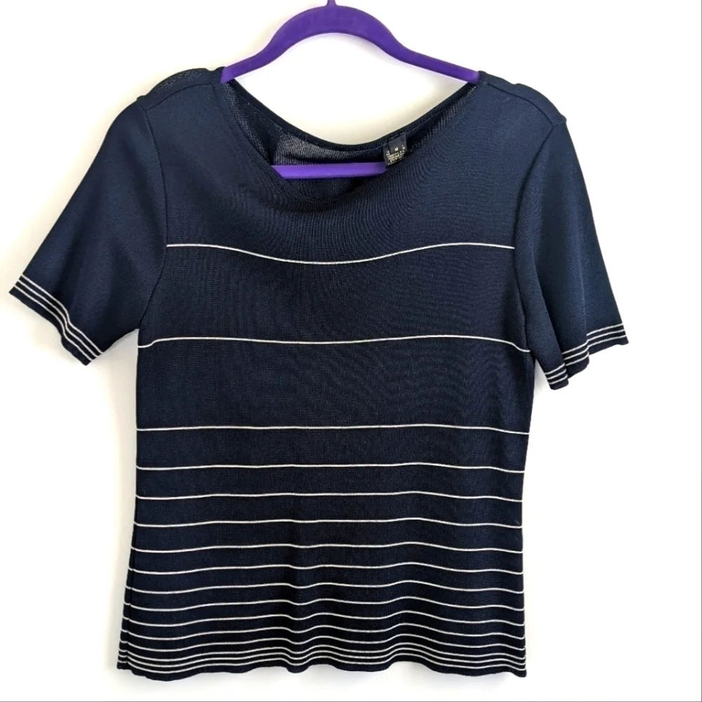 𝅺FINE Knit Navy Blue Short Sleeve Sweater M Striped Top